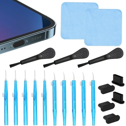 10 Pcs Charge Port Cleaning Brushes, Cell Phone Cleaning Kit with 3 Dust Brushes, 2 Microfiber Cloths & 5 Type C Anti Dust Caps, Double-Sided Mini Clean Brush for Headphones Tablet Computer Camera