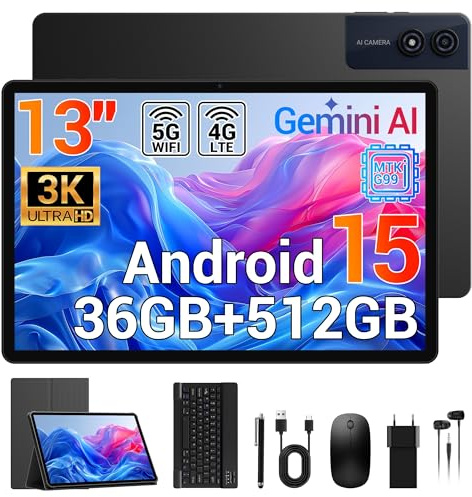 Tablette 13 Pouces avec Clavier, Écran 3K 2944*1840 90Hz, 36GB RAM+512GB ROM/1TB TF, 4G LTE+5G WiFi, G99 Gemini AI Tactile Tablets Gaming Android 15 avec Stylet/Étui, Widevine L1/Face ID/11580mAh/GPS