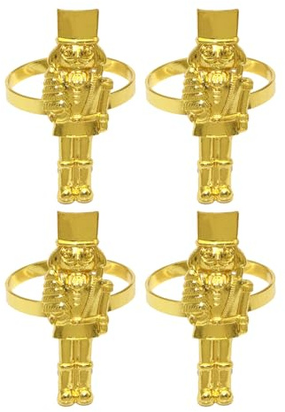 GOTTAJOY 4pcs Nutcracker Napkin Rings Golden Metal Serviette Buckles for Christmas Tableware Holiday Party Festive Decor