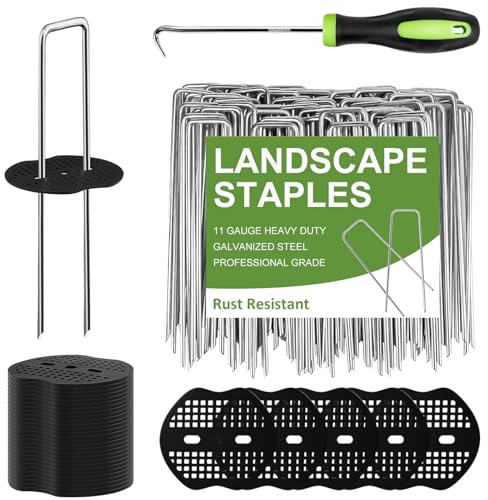 101Pcs Garden Stakes & Landscape Staples Kit: 50Pcs U-Shaped Staples & 50Pcs Fixing Gaskets with 1Pc Pick Hook for Weed Barrier, Ground Cover, Fence, & Artificial Turf
