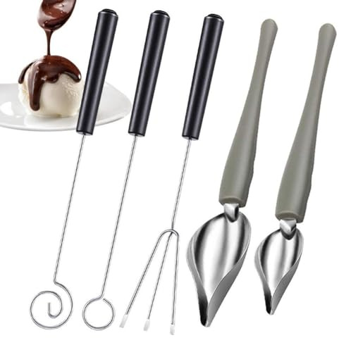 Lawnoval Lot de 3 cuillères à tremper au chocolat et cuillères de décoration culinaire avec fourchettes rondes à 3 dents en spirale et 2 tailles de cuillères décoratives pour dessert, sauce, salade de