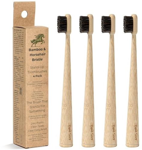 Gaia Guy tandborstar i bambu och hästhår – 4-pack | naturliga hästhår borst | plastfristående tandborste | munvård utan avfall