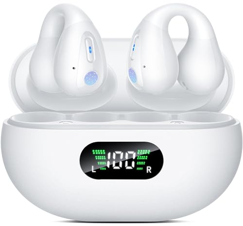 Open Ear Bone Conduction Headphones，Comfort-Clip On Wireless Earbuds Bluetooth 5.3, Sports Ear Buds with ENC Mic, 36 Hours HlFl Earbuds with LED Display Charging Case,lPX7 Running Earphones, White