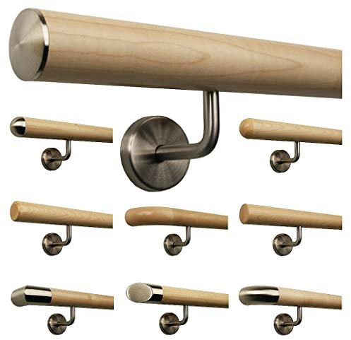 Ahorn Geländer Handlauf Treppe Holz Griff gewinkelt Edelstahlhalter, Länge 30-500 cm aus einem Stück/Variante:260 cm mit 4 Halter leicht gewölbte Edelstahlkappe