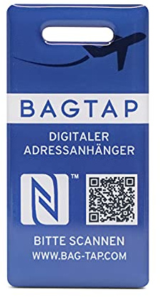 BAGTAP - PVC - digitaler Gepäck- und Reiseanhänger mit NFC und QR-Code, 1 Stück, Blau, 60mm x 30mm, Unbeschichtet, Rechteckig, LABEL, Tap21.de