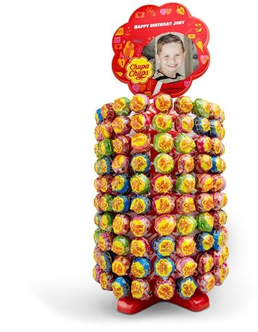 Tour Chupa Chups personnalisée - avec la photo de votre choix, 200 sucettes aux saveurs variées, parfaites pour les fêtes et le partage.