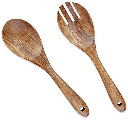 AOOSY 2 Stück hölzerne Salatbesteck, 10,2 Zoll Holz Servierlöffel Set Salat Mischen Abendessen Gabel und Löffel Langgriff Salatzange Set