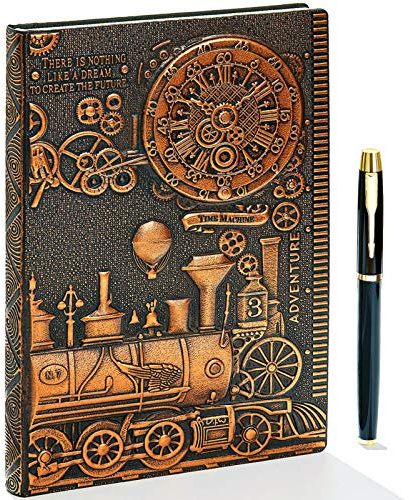 fengco Vintage Train Embossed Leather Writing Journal Notebook with Pen Set,Antique Handmade Daily Notepad Sketchbook,Travel Diary Notebooks to Write in,Gift for Men Women (A5(8.4*5.7), RedBronze)