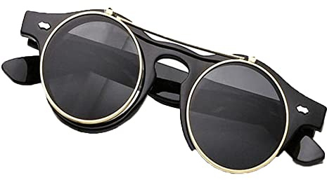 Riloer Gafas Steampunk, estilo retro, marco redondo, gafas de sol con espejo, gafas de sol, gafas de sombra, negro mate
