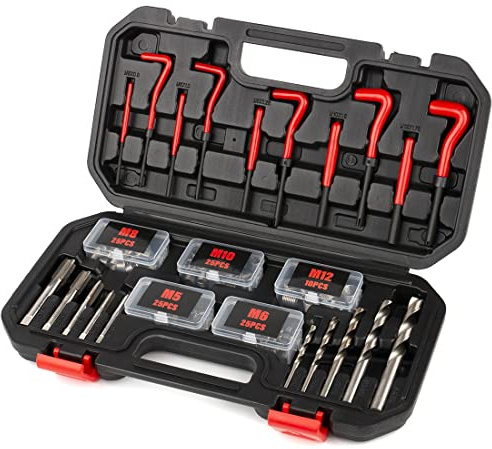 FOURROBBER 131-tlg Gewindereparatur Gewinde Reparatur Satz Werkzeug mit M5 M6 M8 M10 M12 Einsätze Hülsen