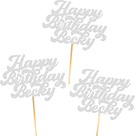 6X Personalised, Double Sided, Handmade Happy Birthday Glitter Cupcake Toppers by Cakeshop | Custom Colour Any Name 480gsm Glitter Cupcake Decorations | Silver