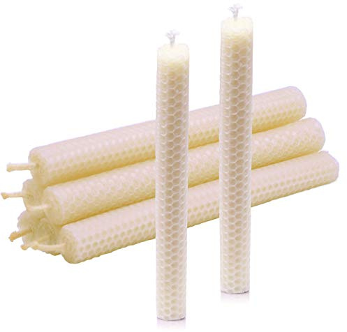 DEYBBY Natural Beeswax Taper Candles,8inch Dripless and Smokeless White Bee Wax,4Hour Burn Time Flat Top (Pack of 6)