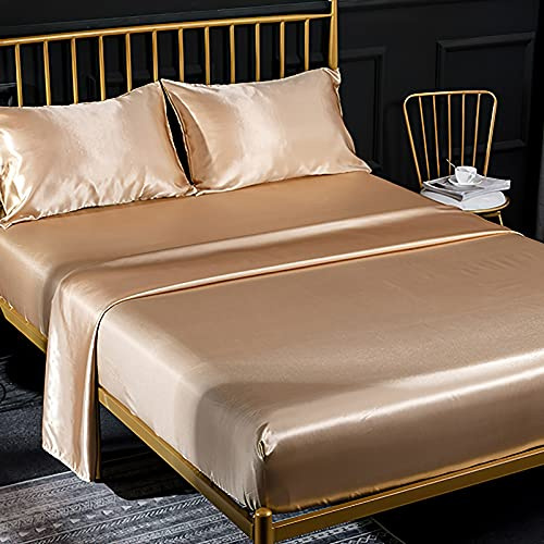 Jemiipee Ensemble 4 Pièces de Draps de Lit en Satin Couleur Unie 1 x Drap Housse 200x200 cm 2 Personnes avec Grand Bonnet de 35 cm, 1 x Drap Plat et 2 x Taie d'oreiller, Bronze