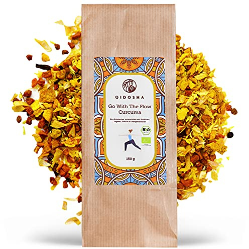 QIDOSHA® Go with the Flow Curcuma Kurkuma Tee bio, 100gr, Curcuma Ingwer Tee, Bio Kräutertee lose mit Kurkuma, Ingwer, Vanille & Orangenschalen, loser Curcuma Tee bio, Tee Kurkuma Ingwer