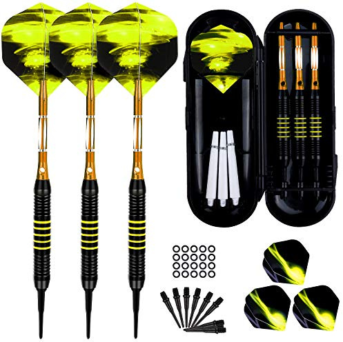 Dartpilar med plastspets för elektronisk darttavla 3 stycken mjuka pilar set, 18 gram professionell softdarts dartpil och extra skaft flights dartspetsar anti-lösa gummiringar (gul)