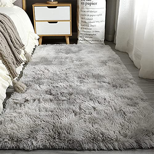 GISIONLARI Rugs Living Room Soft Bedroom Rug Fluff Area Rugs Shaggy Carpets Non-Slip Modern Luxury Fur Carpet for Kids Room Comfy Home Decor Floor Mat (Grey White, 80 x 150 cm)