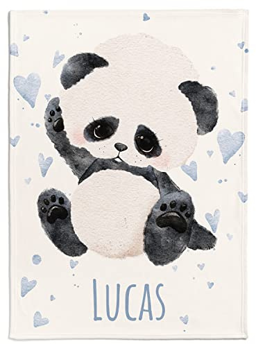 Personalisedog Personalisierte Babydecke Kinderdecke mit Panda, Name und Motivfarbe | Individuelle Baby Decke Namensdecke mit Panda & kleinen Herzen Motiv (Panda mit kleinen Herzen), 80 x 110 cm