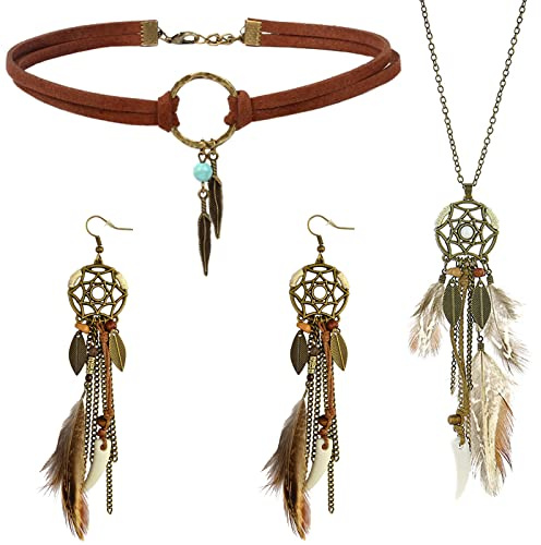 VELESAY Bohemio Joyería Conjunto para Mujer Vintage Plumas Pendientes Atrapasueños Colgante Pluma Pendiente Retro Pluma Collar de Cuero para Mujeres Bohemio Tribal Regalo de Joyería