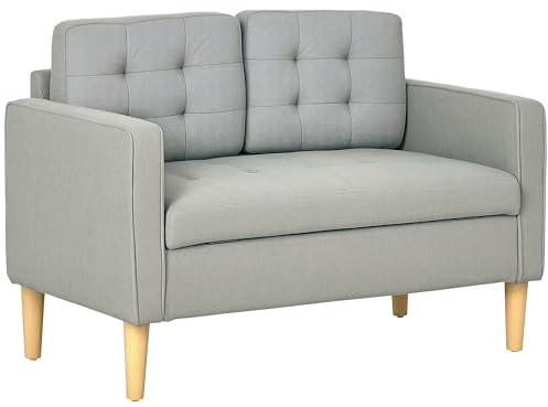 HOMCOM Modern 2 Seater Sofa with Hidden Storage, 117cm Tufted Cotton Couch with Wood Legs, Compact Sofa for Living Room, Light Grey