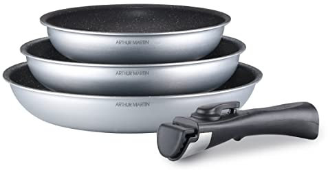 Arthur Martin AM521S Set de 3 Poêles 20-24-28 cm avec revetement anti adhérent Aluminium Poignée amovible Tous feux dont induction
