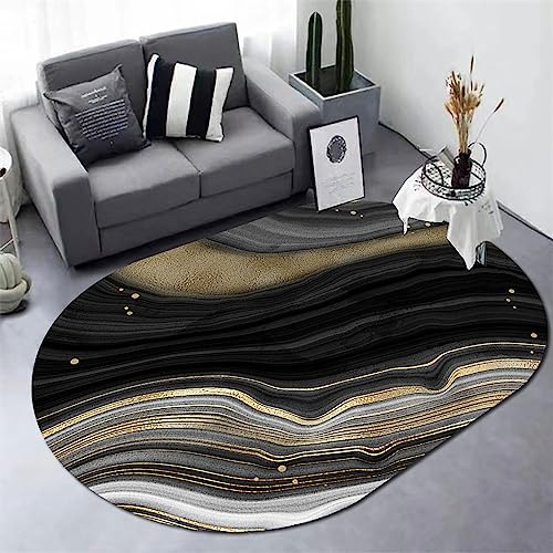 SRTJURFG Moderner Anti-Rutsch-Teppich Designer-Teppich Großer ovaler Teppich Wohnzimmer Schlafzimmer Esszimmer Schutzmatten Schwarz und Gold Steinmuster, 160 x 230 cm