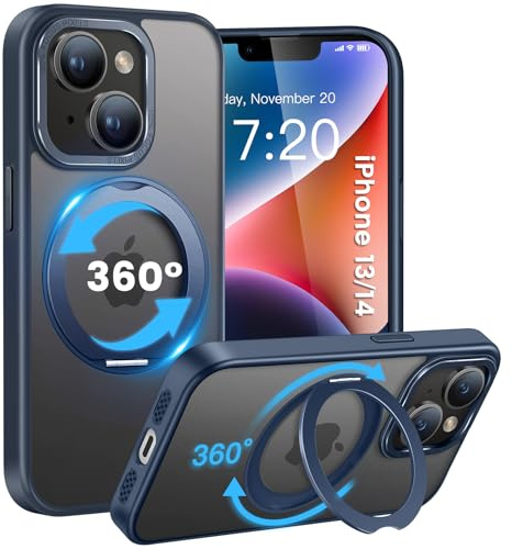 HuwaiH handyhülle für iPhone 13/14 Hülle, [360° Magnetischer Ring Ständer ] [mit Mag-Safe] [Transluzente Matte] Stoßfeste Kratzfeste Schutzhülle für iPhone 13/14 (Navy Blau)