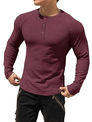 Muhshoiy Herr Slim Fit Långärmad T-shirt bomullsmuskel Henley-skjortor Stretchig Casual Snygg ribbad t-shirt Röd M