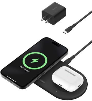 Belkin 2-in-1 Wireless Charging Pad w/ Qi2 15W + Additional USB-C Port - MagSafe-Compatible Charger, Charging Station for iPhone 16 & 15 Series, Samsung Galaxy S25 Series, AirPods, & More - Black