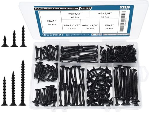 JEGONFRI High Hardness Black Wood Screws Assortment Kit, 209 pcs, Phillips Drive Flat Head, Wood Screws, Screws, Drywall Screws, Assorted Screws, Screws Set, 6 Sizes (2”,1-1/2”,1-1/4”,1”,3/4”,1/2”)