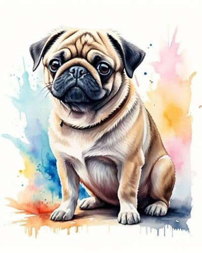 ZMHZMY Malen nach Zahlen Erwachsene,Aquarell Mops 40 x 50cm DIY Handgemalt Ölgemälde Kits auf Leinwand Geschenk für Weihnachten Geburtstag, Home Haus Deko