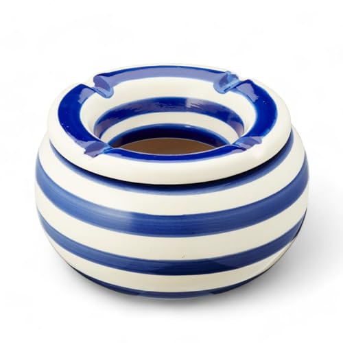 MIJOMA Posacenere antivento in dolomite, posacenere da tavolo in ceramica con coperchio, resistente alle intemperie, per interni ed esterni (blu e bianco, diametro 11 cm)