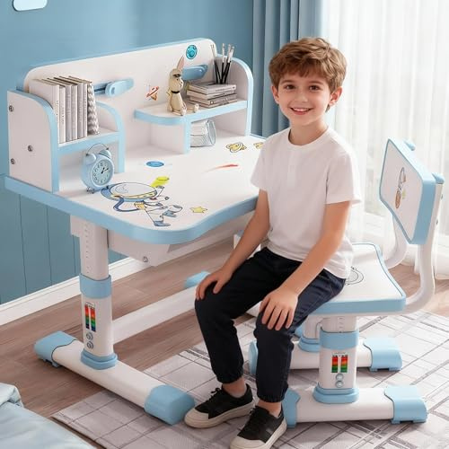 Luojuny Kinder Tisch Stuhl Set, Kinderschreibtisch Höhenverstellbar,Schreibtisch Kinder Mädchen Mädchen & Jungs,Karikatur kinders Schreibtisch, Kinderschreibtisch Mit Stuhl und Schublade (Blau)