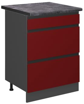 Vicco Küchenunterschrank R-Line, Rot, 60 cm | 3 Schubladen · AP Anthrazit inkl. · Höhenverstellbare Füße · ✓ Leichter Zugriff · ✓ Frei kombinierbar