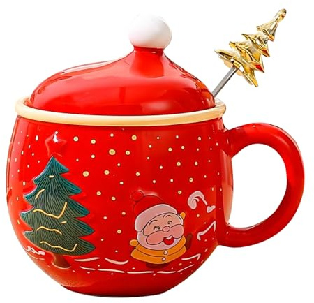 Tazas de Cerámica de Navidad, 350ml Tazas de Café Navidad, Tazas de café de cerámica Con una cuchara de árbol de Navidad, Taza Navideña Para Café, El Mejor Regalo para Padres, Amigos y Navidad (Rojo)