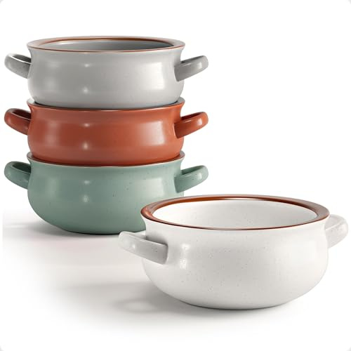 Suppenschalen aus Keramik mit Griffen, Set mit 113 ml, französische Zwiebelsuppenschüsseln, ofenfest, spülmaschinen-, mikrowellen- und ofenfest, für Chili, Gumbo, Chowder, Suppenschüssel mit Griff