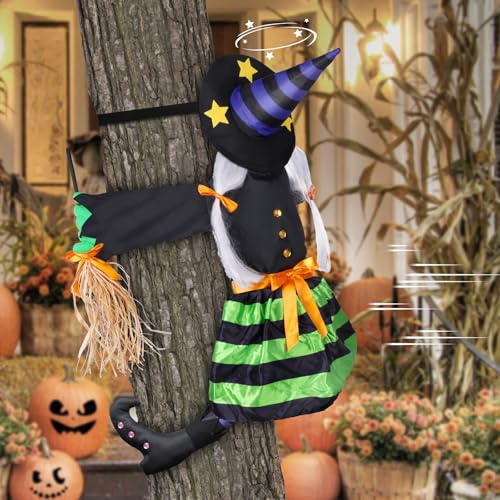 Halloween Deko Garten Abstürzende Hexe in Baum, Hexen Dekoration 37 Zoll Crashing Witch Decor für Outdoor Baumstämme oder Säulen Türen