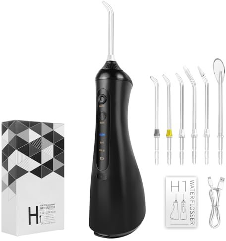 Munddusche Kabellos Elektrischer Zahnreiniger, Zahndusche Water Flosser 3 Modi & 6 Düsen USB-C Wiederaufladbare Wasser Flosser IPX6 Wasserdicht, 320ML Wassertank Mund Reiniger
