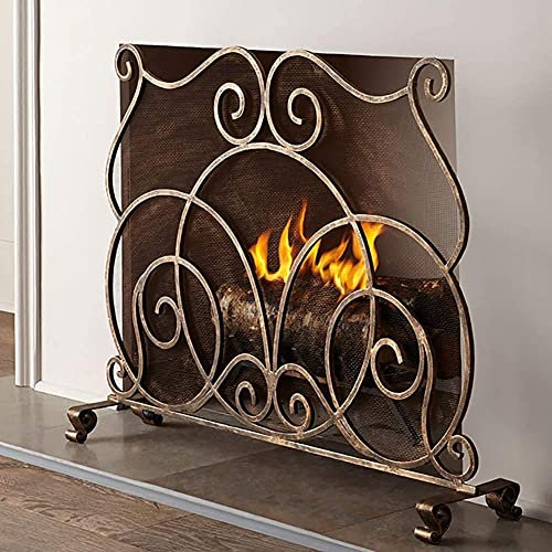 LMAYYLD Funkenschutz-Einzelpaneel-Kaminschutz im Industriestil – massiver Schmiedeeisenrahmen mit Metallgeflecht, Dekor-Schnörkel-Design, freistehender Funkenschutz It's so Kind of You