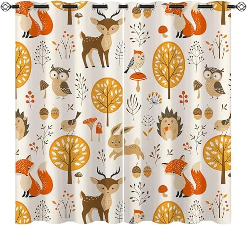 ZZTBQ Cartoon Tier Verdunkelungsvorhang Für Kinderzimmer Kawaii Nette Cartoon Gardinen Blickdichter 2er Set Vorhang Verdunkelung mit Ösen Wald Fuchs Eule REH Kaninchen Igel 150x166cm Für Jungen