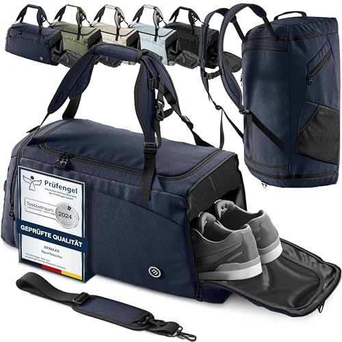 bemaxx Bolsa Deporte Hombre Mujer Bolsas de Viaje con Función de Mochila Compartimento para Zapatos y Ropa Mojada | Bolsa de Deportiva Fitness Gimnasio Gym Natación Piscina Duffle Bag | 60 L, Azul