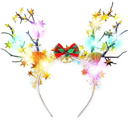 Reaky Jul upplyst pannband LED blinkande jul pannband ren horn hårband belysning stjärna jul kostym hårtillbehör för kvinnor