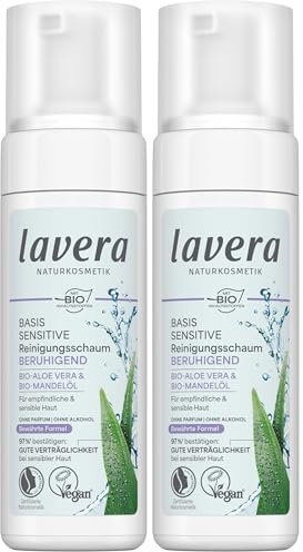 lavera basis sensitiv Reinigungsschaum - Naturkosmetik - vegan - Bio-Aloe Vera und Bio-Mandelöl - Gesichtsreinigung - Natürliche Reinigungsformel - 1 x 150 ml (Packung mit 2)