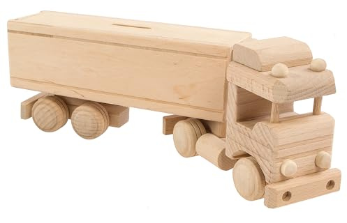 Spardose aus Buchenholz LKW Sparbox Sparschwein Spardose Cash Sparbehälter auch zum Bemalen Geschenkidee & Deko (31x10x5cm) (LKW mit Anhänger)