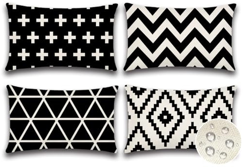 JOTOM 4er Set Outdoor Kissenbezüge, Dekorative wasserdichte Wurf Kissenbezug Moderne Kissenhüllen Sofakissen Dekokissen Zierkissenbezug für Wohnzimmer Schlafzimmer Garten Deko (30x50cm, Schwarz)