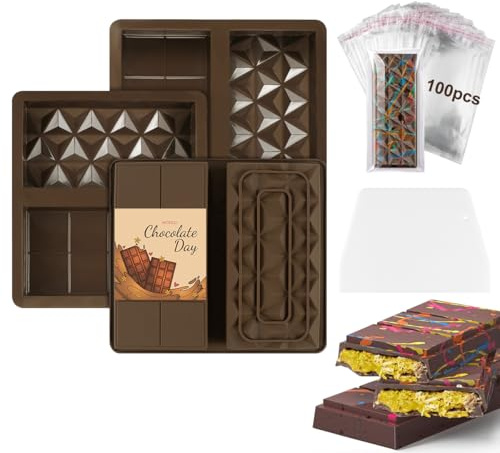 Doksvp 3 Pièces Moule Tablette Chocolat Dubai Kit, Diamant Moule Silicone Tablette de Chocolat, Double Face Moules Super Profonds, Moule Cake Bonbons, avec 1 Scraper+100 Sac, pour Chocolat