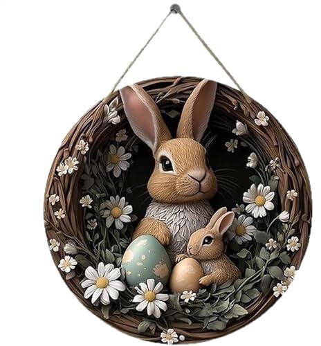Tür Hasenkranz Holzschild,Hase 2D Flat Frontentür Schild - ürkranz Ostern Osterkranz Haustür Türdeko - Walasis Osterdeko Modern Tür Willkommen Deko Osterdekoration, Vintage-Türschi