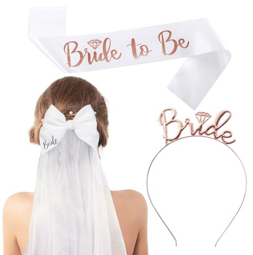 Nwvuop Bride to Be Sash and Veil Hen Party Accessories, White Bow Veil Bride to Be Headband for Bridal Shower Hen Party(Rose Gold)