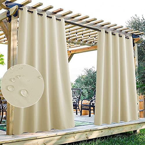 Wasserdichte extrabreite Outdoor-Vorhänge, wärmeisoliert, Verdunkelungsvorhänge für Pergola/Wintergarten, Beige, Ösen-Oberpaneel (132 x 213 cm)