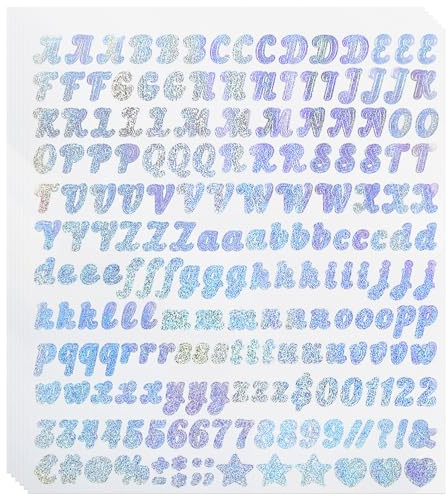 0.5 Inch Glitter Letters Number Stickers, Sticky, Removable, Silver