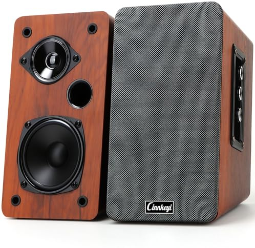 cinnkeyi 50W Wooden Bookshelf Speakers, Passive 2.0 Computer Speakers | Bluetooth, RCA, AUX (3.5mm), USB Inputs | Strong Bass PC Speakers for TV, Laptop, Turntable